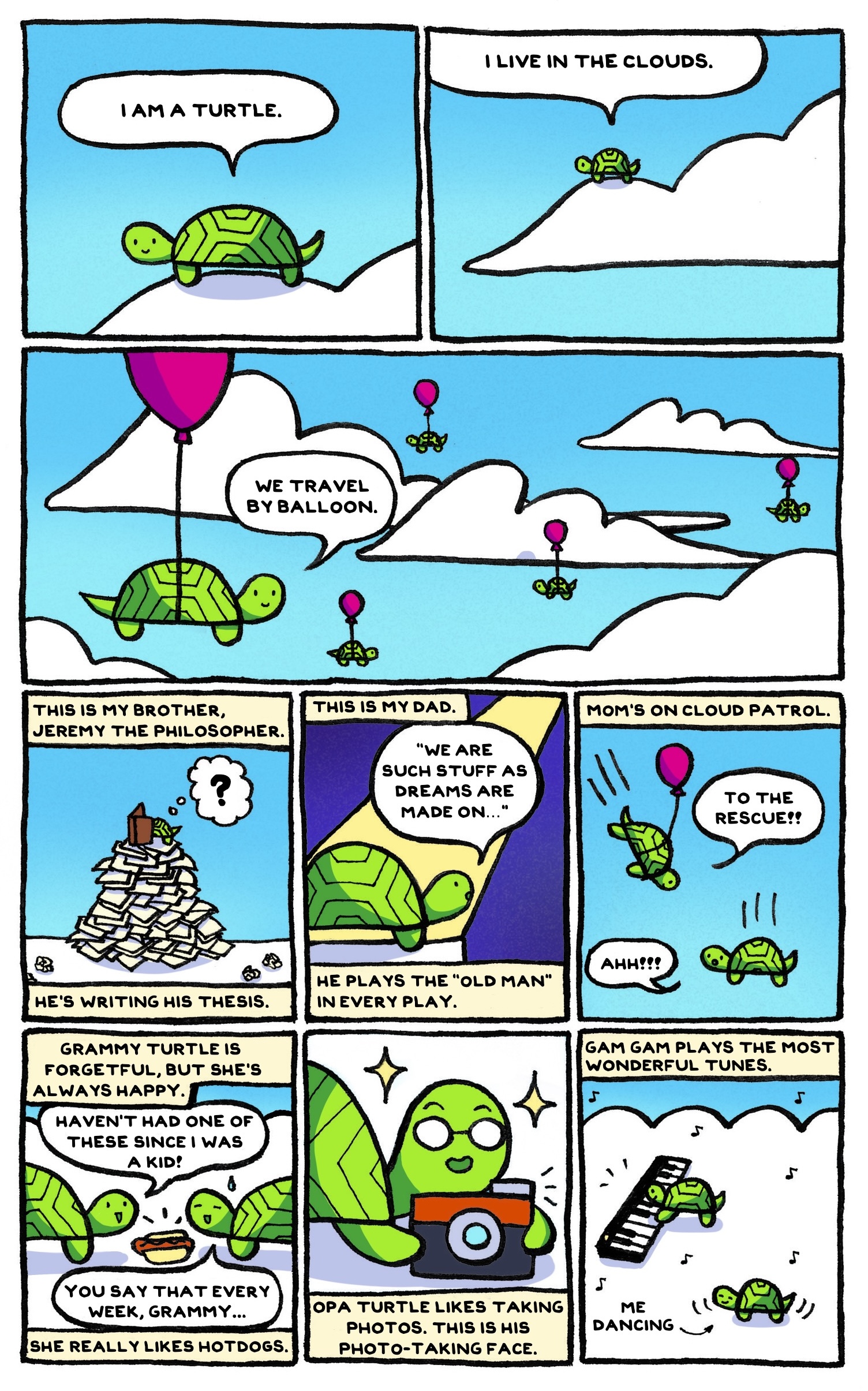 comic about turtles living in the clouds and flying around via balloon